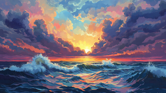 A dramatic ocean scene featuring tumultuous waves under a moody sky with clouds illuminated by a bright, ethereal light. Eternal Sky. Illustration