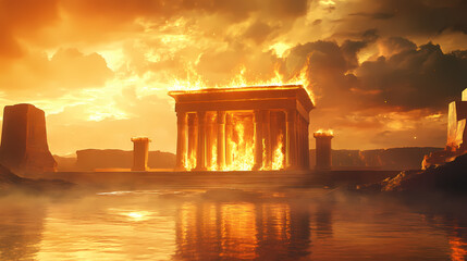 Fototapeta premium A panoramic shot of the ateshgah fire temple, with flames rising from its eternal fire altar under a golden sky. Eternal Sky. Illustration