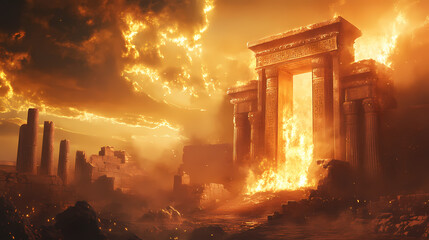 Naklejka premium A panoramic shot of the ateshgah fire temple, with flames rising from its eternal fire altar under a golden sky. Eternal Sky. Illustration