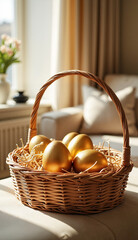 Elegant Easter basket with golden eggs in luxurious living room, celebration
