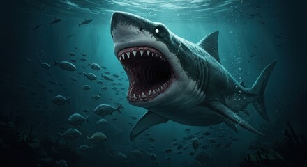 Naklejka premium Majestic Great White Shark Swimming in Deep Ocean with Schools of Fish