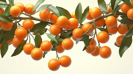 Abundant Citrus Fruits on a Tree Branch with Green Leaves Against a Light Background.
