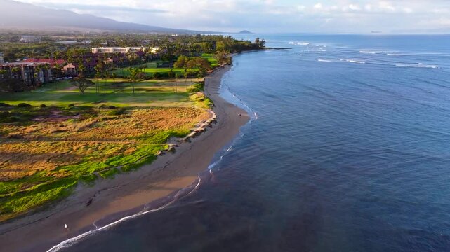 Aerial view of the beautiful Hawaiian beaches and crystal clear water of Kihei, Maui.