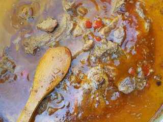 Close-up of bubbling beef stew with wooden spoon
