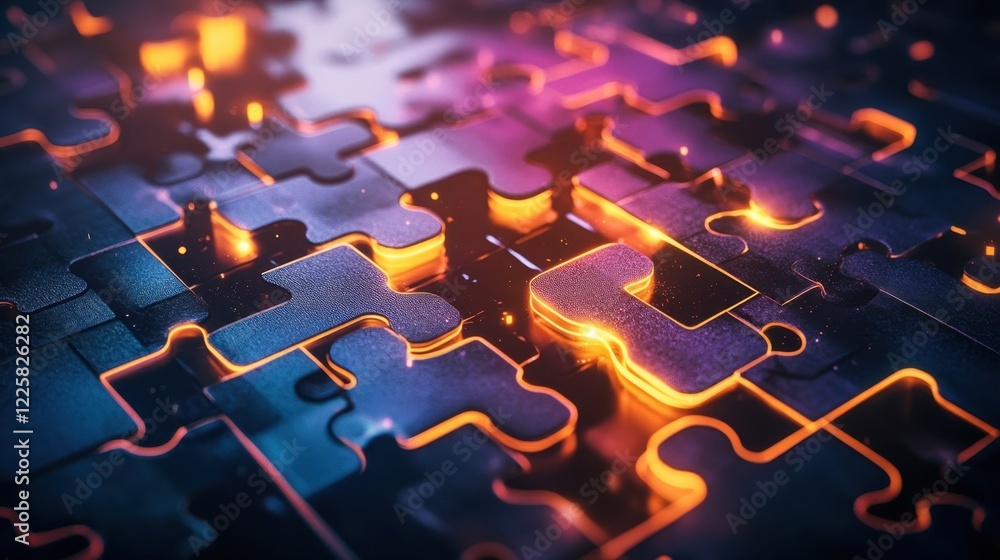 Poster interlocking puzzle pieces form a complex network, with glowing lines illuminating the connections, 