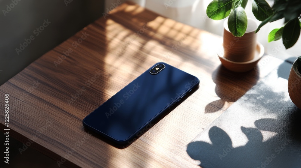 Poster modern glass smartphone hanging over the table with a smooth dark blue surface in perspective view w