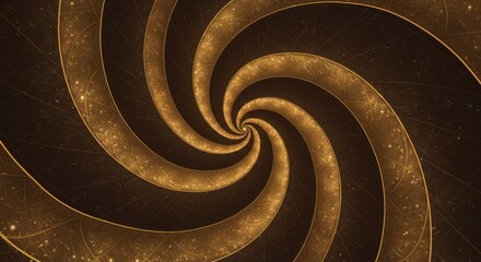 Abstract golden spiral design with glowing particles and depth effect