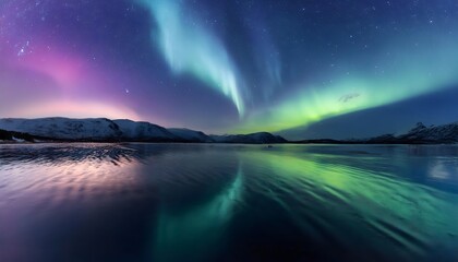 Naklejka premium Сosmic aurora stretching across the sky. Magical Northern lights landscape background