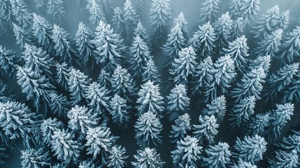 Obraz premium Aerial view of dense snow-covered pine forest, frost-covered trees in a tranquil winter landscape, serene natural environment, breathtaking scenery, eco-friendly and untouched wilderness