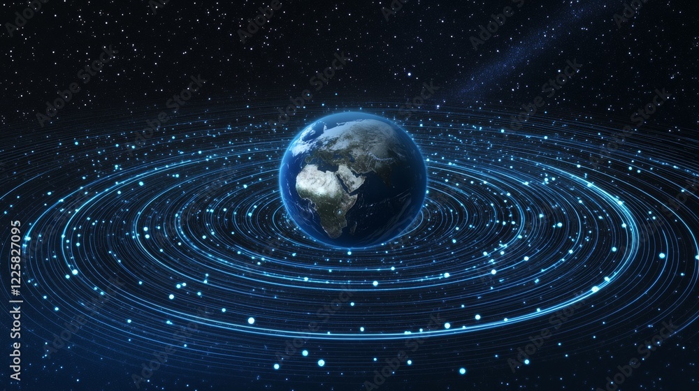 Poster hologram of futuristic planet earth with digital glowing map of dots. hi-tech hud circles. abstract 