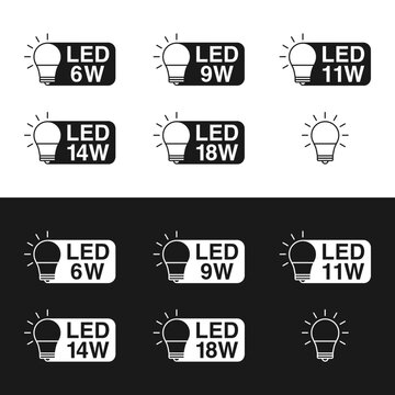 Light Bulb wattage LED Types, bayonet cap and Edison screw,icon,symbol,6w,9w,12w,14w,18w black and white editable stroke