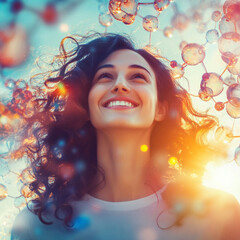 A cheerful person surrounded by floating serotonin chemical structures