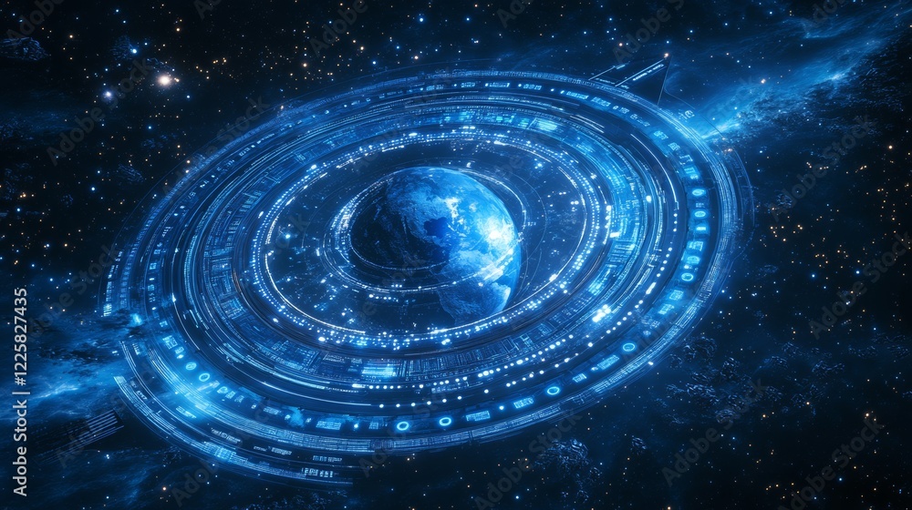 Aufkleber hologram of futuristic planet earth with digital glowing map of dots. hi-tech hud circles. abstract 
