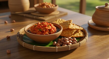 Ultra-realistic photo of a bowl of sambal served on a woven bamboo plate (takir) with traditional Indonesian snacks like tempeh chips and fried peanuts. The sambal should look fresh and spi...