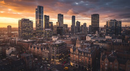 Fototapeta premium Stunning Cityscape Sunset Aerial View Modern Buildings