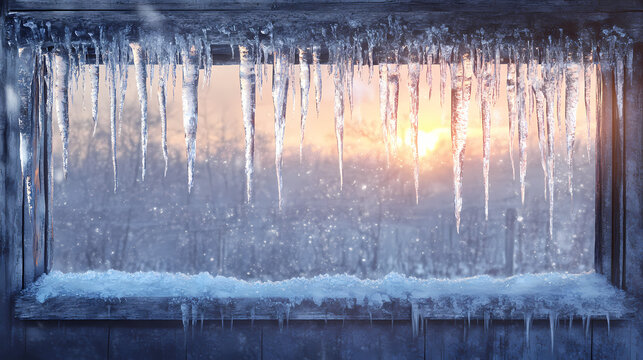 Frosted window with glimmering icicles hanging from the ledge against a wintery background, icycles, icy, seasonal. frostwood. illustration. Frosted Ridge. Illustration