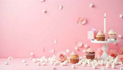 Minimalist Valentine's Day flat lay with soft pink candles, flowers, and heart decorations for a romantic celebration, Romantic Background, Pink background