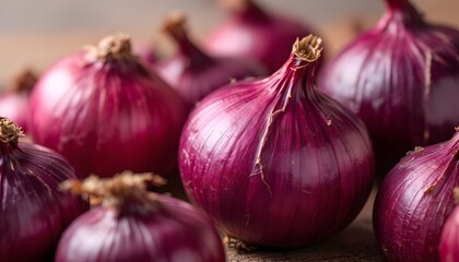 Ultra-realistic close-up photo of whole red onions with dry, papery skin, showcasing their deep purple-red color and layered texture. The onions should have natural imperfections like small...