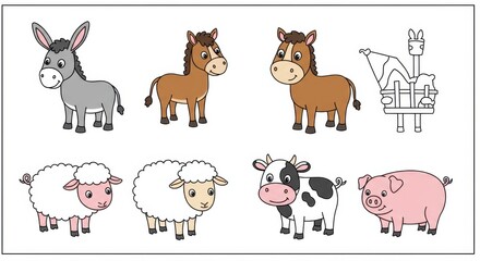 Obraz premium Cartoon farm animals including horses, donkey, sheep, cow, and pig
