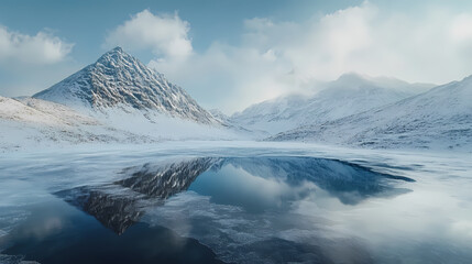 Fototapeta premium Pristine frost surface over a chilled mountain tarn with a winter mountain ridge under icy skies. Frosted Ridge. Illustration