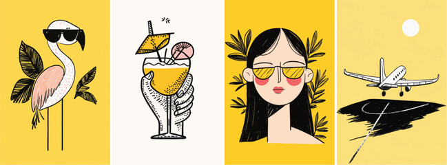 Summer holiday and travel hand drawn style poster illustration set