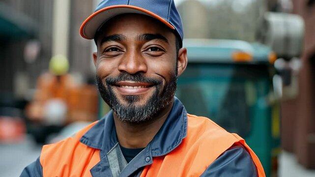 A sanitation worker smiles while standing on a bustling city street, proudly wearing his orange uniform and cap. He prepares for the day’s duties among urban surroundings.