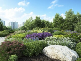 Obraz premium Dynamic urban garden thriving in an eco-conscious city, featuring colorful flowers and diverse wildlife, promoting green living and community.
