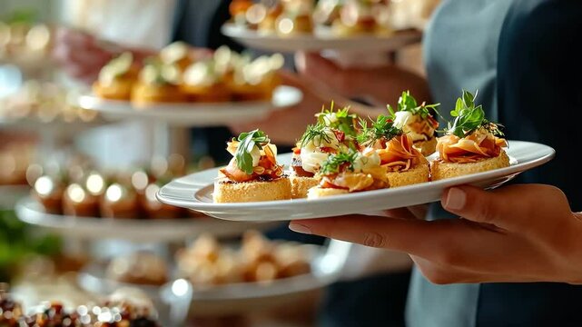 Guests enjoy an exquisite selection of gourmet appetizers served on elegant platters at a catering event. The vibrant presentation and flavors create a delightful atmosphere for socializing.