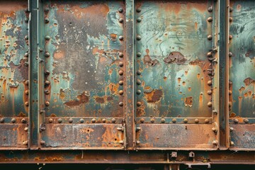 Photo of Side view of rust metal wall of railway wagon side part. Background texture for backdrops or mapping