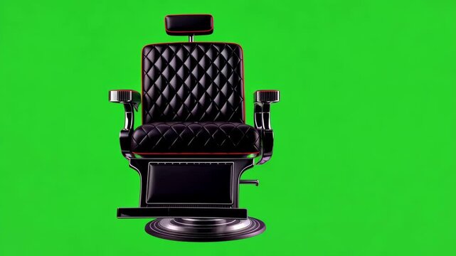A sleek and stylish barbershop chair in black with diamond stitching, perfect for providing a comfortable grooming experience. Set against a green screen background for a fresh look.