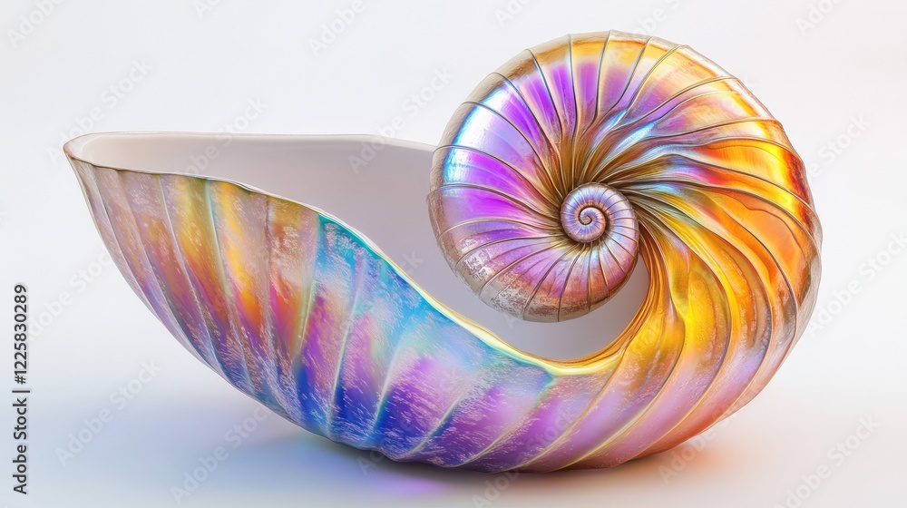 Poster colorful spiral seashell showcasing iridescent patterns against a soft gradient background