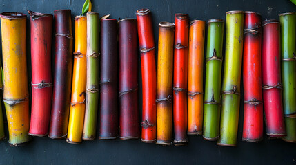 Colorful bamboo stalks arranged on dark background; nature, decoration, texture, design, vibrant