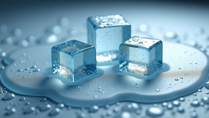 Fresh ice cubes melting on a glass plate with water droplets and frost	