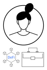 Flat line art of woman in a circle, DeFi network nodes, and briefcase. Ideal for profiles, digital networks, blockchain, fintech, career tools, business identity abstract line flat metaphor