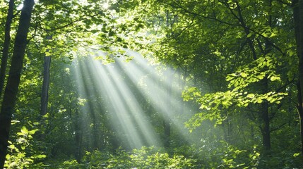 Fototapeta premium Lush green forest with sun rays filtering through dense foliage