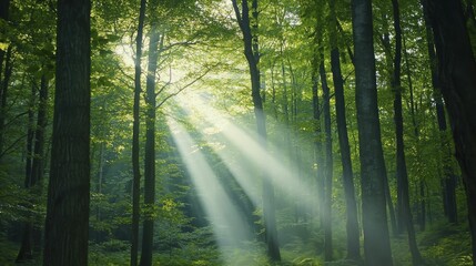 Lush green forest with golden sun rays dancing through thick leaves above, creating a serene and magical atmosphere.