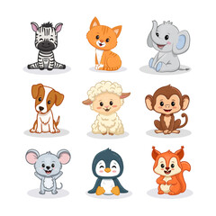 Set of cartoon cute animals including zebra, kitten, dog, monkey, sheep, mouse, penguin, squirrel and elephant. Jungle, forest animals and pets for magazines, postcards. Vector illustration