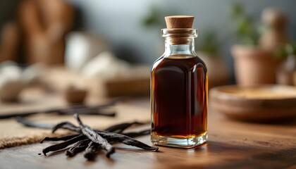 A professional shot of vanilla extract in a small, clear glass bottle with a wooden stopper. The dark amber liquid inside glistens under soft lighting, with a few vanilla beans resting besi...