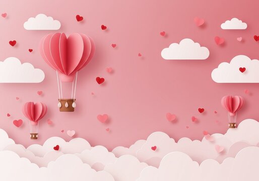 Valentine's Day scene featuring heart-shaped hot air balloons floating among white fluffy clouds in a dreamy sky.
