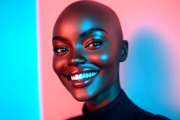 Commercial promotion pattern. Short hairdo - bald head - no hair. Lovely smiling black girl - for ads, brochure and web marketing use. Black girl glam portrait. Modern black girl glam.