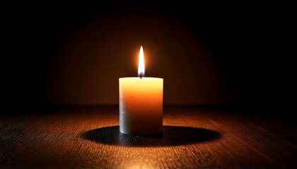A single, lit candle casts a warm glow on a dark wooden surface.  The minimalist composition creates a serene and contemplative mood, perfect for themes of hope, remembrance, or tranquility.