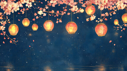 Fototapeta premium Golden Glow of the Lantern Festival: A Frame of Floating Lights and Reflections