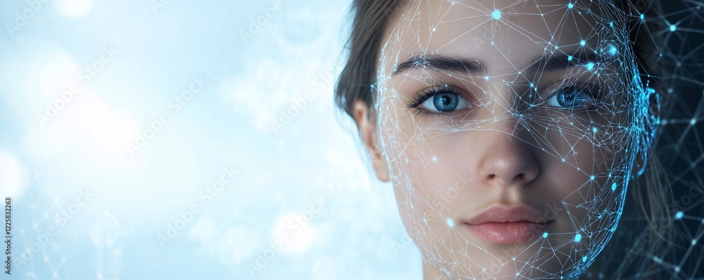 Poster artificial intelligence is scanning and analyzing woman's face