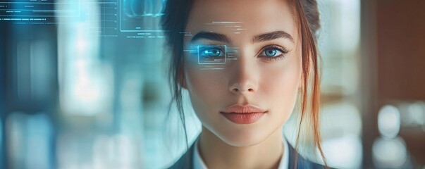 Businesswoman using augmented reality eye scanner in futuristic office