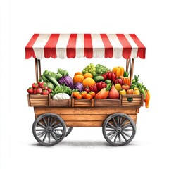 Colorful fruit and vegetable cart, market stall, outdoor setting, illustration, food display