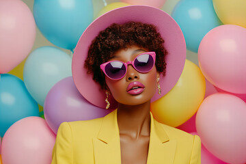 Stylish Woman in Bright Fashion with Pink Accessories Posing Against Vibrant Balloon Background for Modern Design and Celebratory Concepts