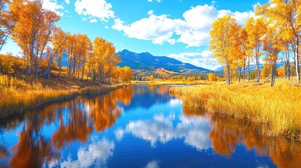 Obraz premium Golden autumn trees reflect in a calm river with mountains under a blue sky.