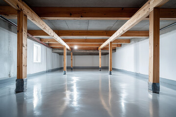 Renovated basement with smooth concrete flooring 
