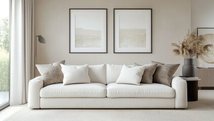 3D rendering of a beige living room with a white sofa and two frames on the wall.