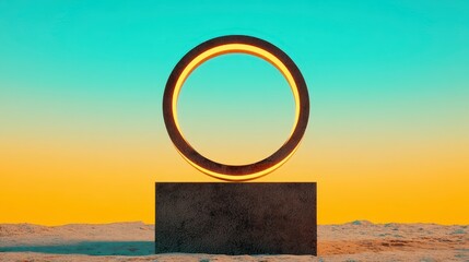 Glowing Circular Structure in Vibrant Sunset Landscape